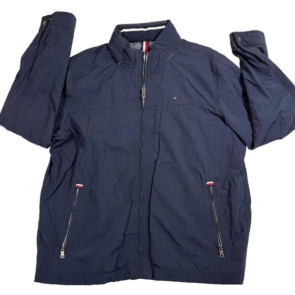 Tommy Hilfiger mens jacket XL Navy Full Zip Hooded Windbreaker Retro Y2K Street - Picture 1 of 13
